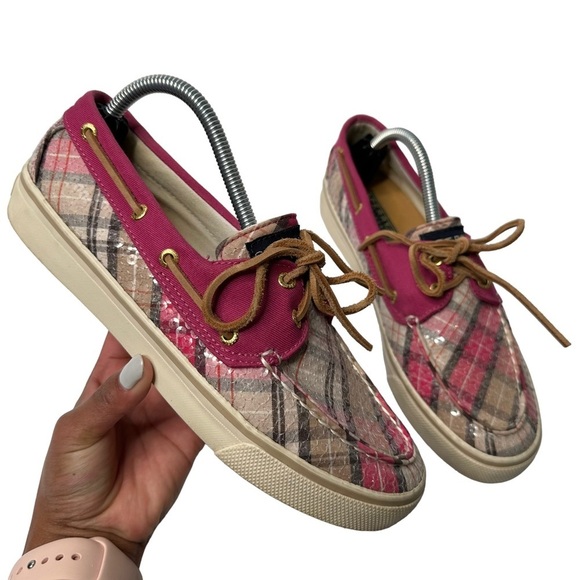 Sperry Top-Sider Bahama Pink Plaid Fuchsia Sequin Boat Shoe Slip on Women's 7M - Picture 1 of 9